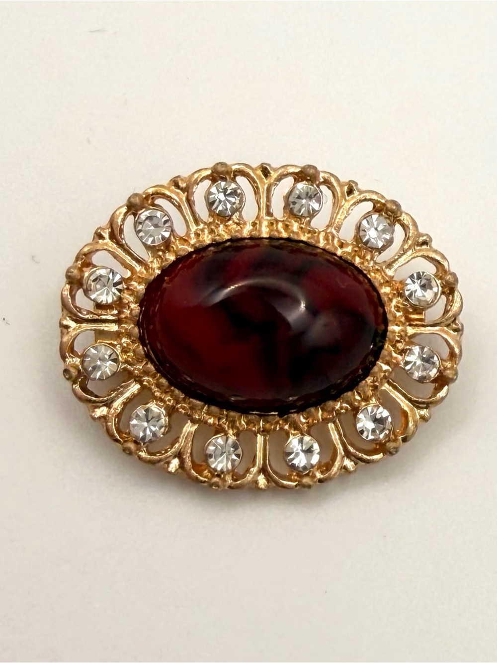Small Gold -Tone Brooch Deep Red Marble Cabochon Style Stone Clear Crystals